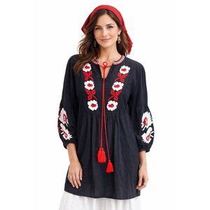 Velzera Navy Red Peasant Boho Cottage Core Tunic Dress Floral Embroidery Women M